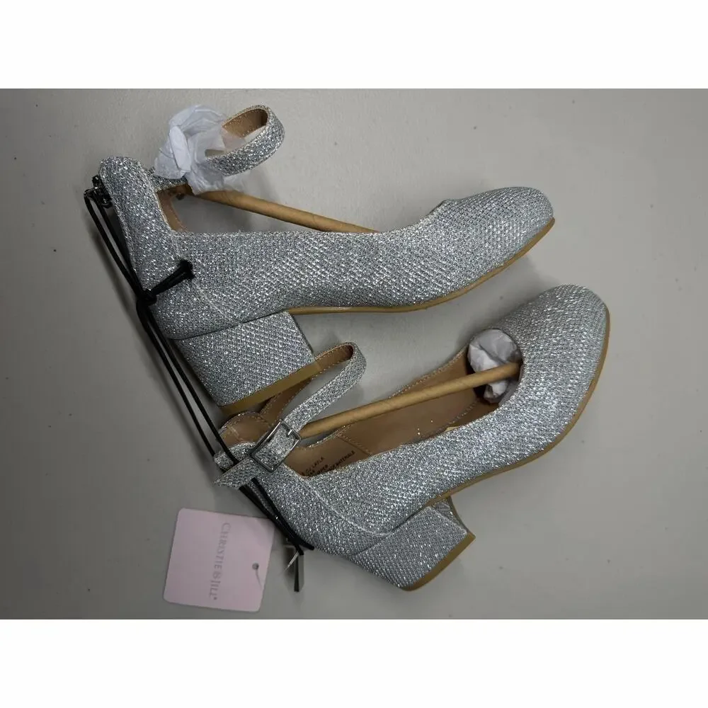 NEW! Christie & Jill Layla Silver Sparkle Girls Shoes Block Heel Pumps Size 11M